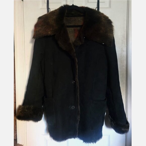 Shearling Sheepskin Wool Fur Coat Jacket Black Women L 40 Overcoat Pea Coat - Picture 5 of 15